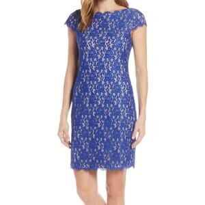 Eliza J Royal Blue Lace Cocktail Dress Size 12 Cap Sleeve Scalloped Hem Lined